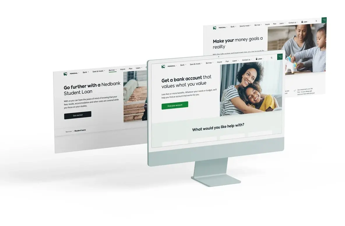 Final shipped screens: the student-loan page, the "Get a bank account that values what you value" account page on a desktop monitor, and the savings and investment page behind it.