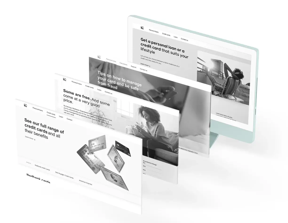 Four redesigned Nedbank pages layered in perspective: personal loans, credit-card range, card-safety guidance and a combined loan-or-card chooser, the photography still greyscale at design stage.