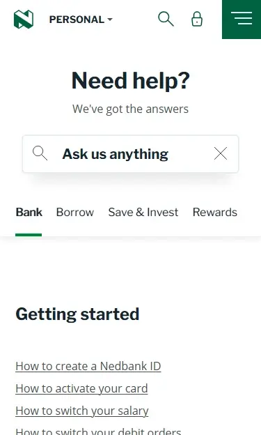 The shipped Help Centre on mobile: "Need help? We've got the answers" over a search bar, category tabs for Bank, Borrow, Save & Invest and Rewards, and a "Getting started" list of task-resolution articles.
