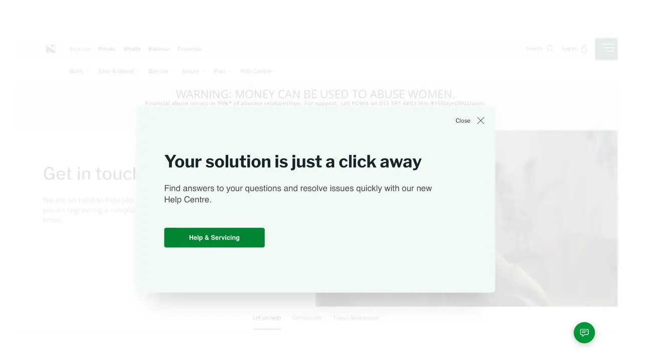 The self-service nudge intercepted on the Contact Us page: "Your solution is just a click away", pointing visitors to the new Help & Servicing section instead of a phone number.
