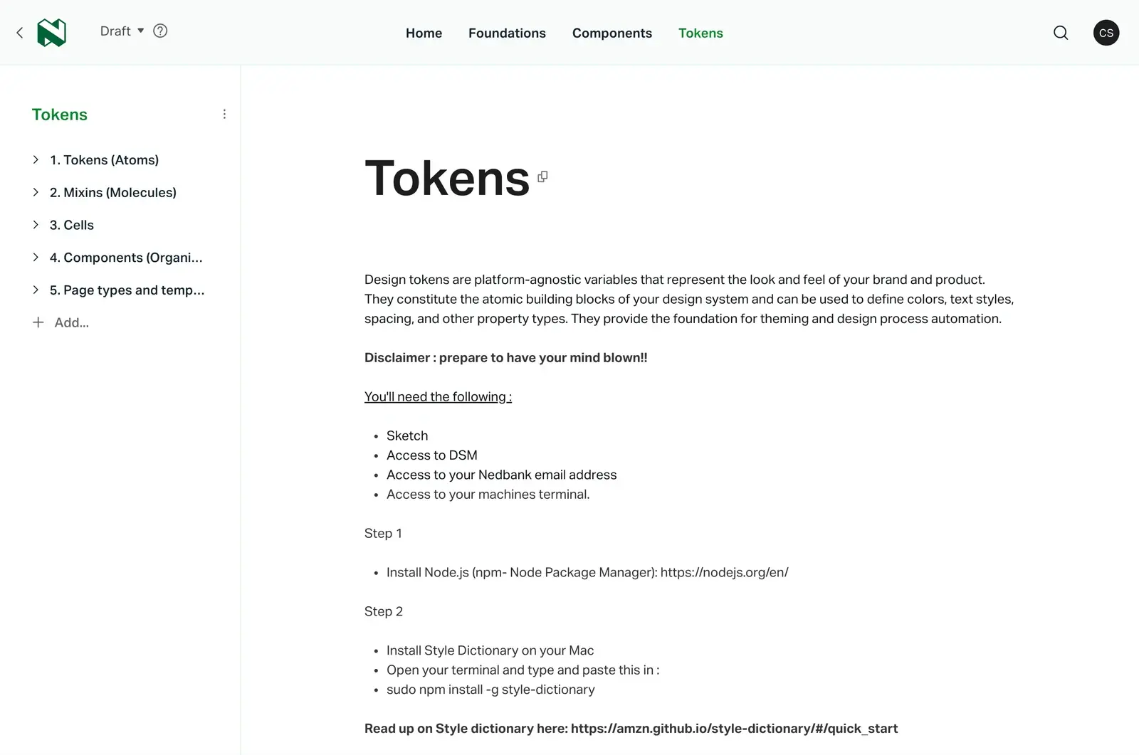 The token documentation site itself, on the Tokens landing page: the five-level hierarchy in the sidebar, tokens (atoms), mixins (molecules), cells, components (organisms), page types and templates, beside the definition of design tokens and the setup steps for generating them with Style Dictionary.
