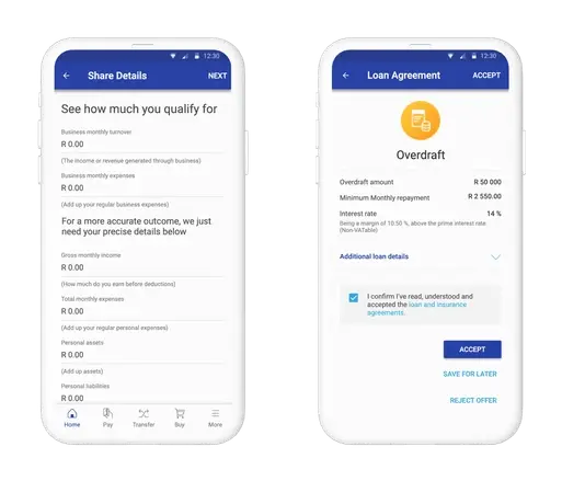 Two app screens: the qualifying-details capture, and the loan agreement with its amount, repayment and interest rate above a tick-box confirming the client has read and accepted the loan and insurance agreements.