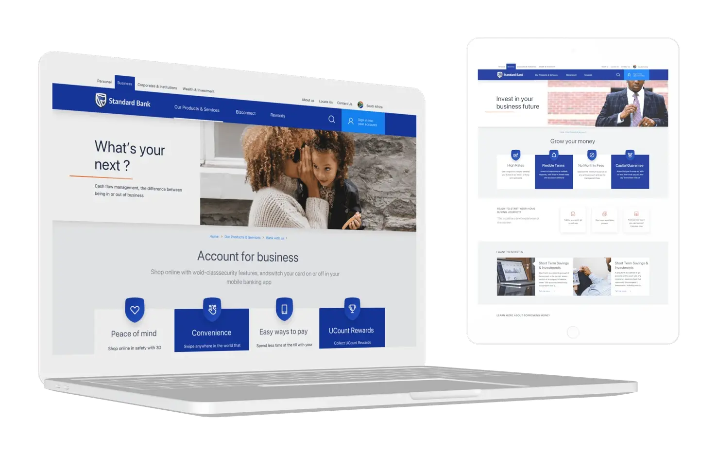 The signing experience across devices: the Standard Bank business account page on a laptop, and the same journey on a tablet, both designed to carry the signing flow at any breakpoint.
