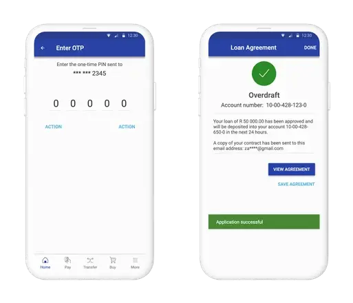 The two signing screens: a one-time PIN entry, and the signed agreement confirming the overdraft is approved, with the contract emailed to the client and the option to view or save it.